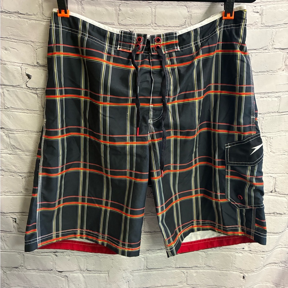 SPEEDO Men’s Large Swim Trunks Board Shorts Blue Red Yellow Plaid Pockets